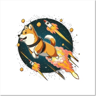 shiba inu flying into space with a rocket Posters and Art